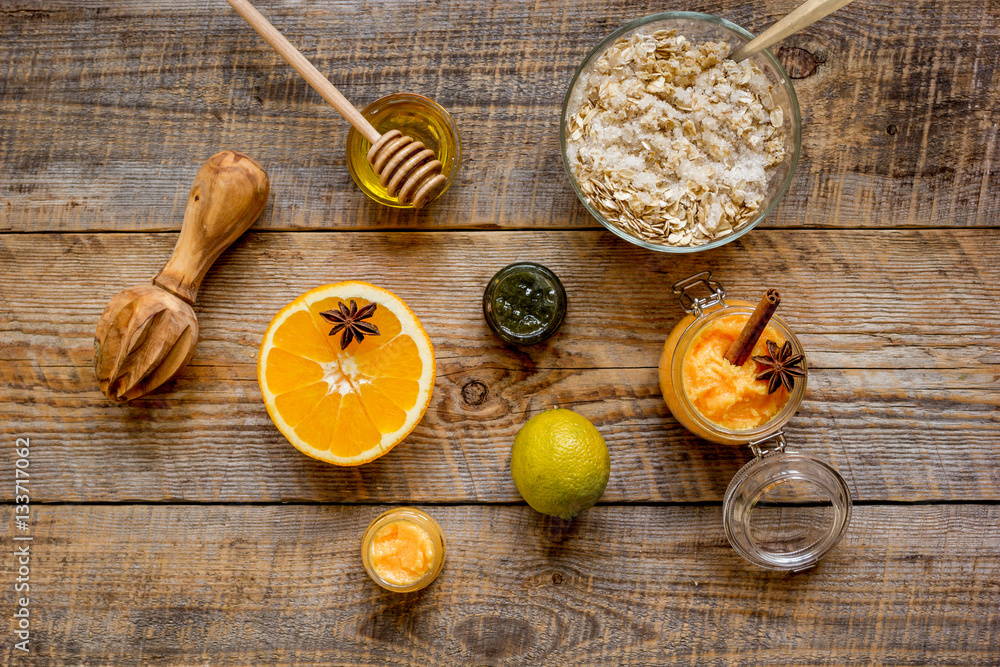 organic citrus scrub homemade on wooden background top view