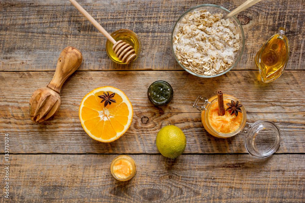 organic citrus scrub homemade on wooden background top view