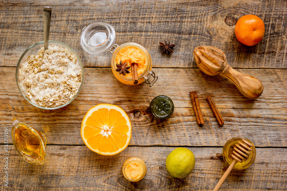 organic citrus scrub homemade on wooden background top view