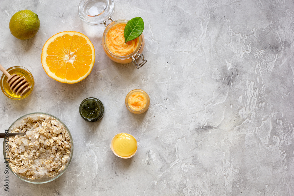 organic citrus scrub homemade on gray background top view