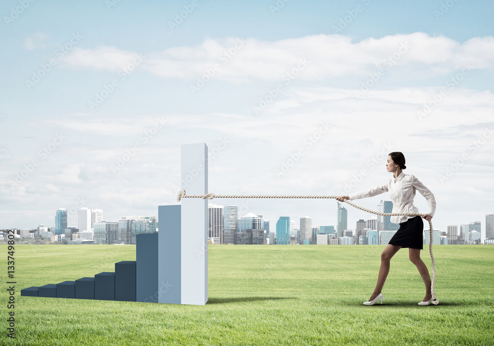 Businesswoman pulling arrow with rope and making it raise up