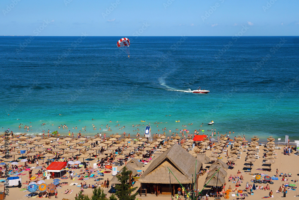 Resort Sunny Beach Bulgaria panorama of the beach in summer. Panoramic top view Sunny Beach Bulgaria