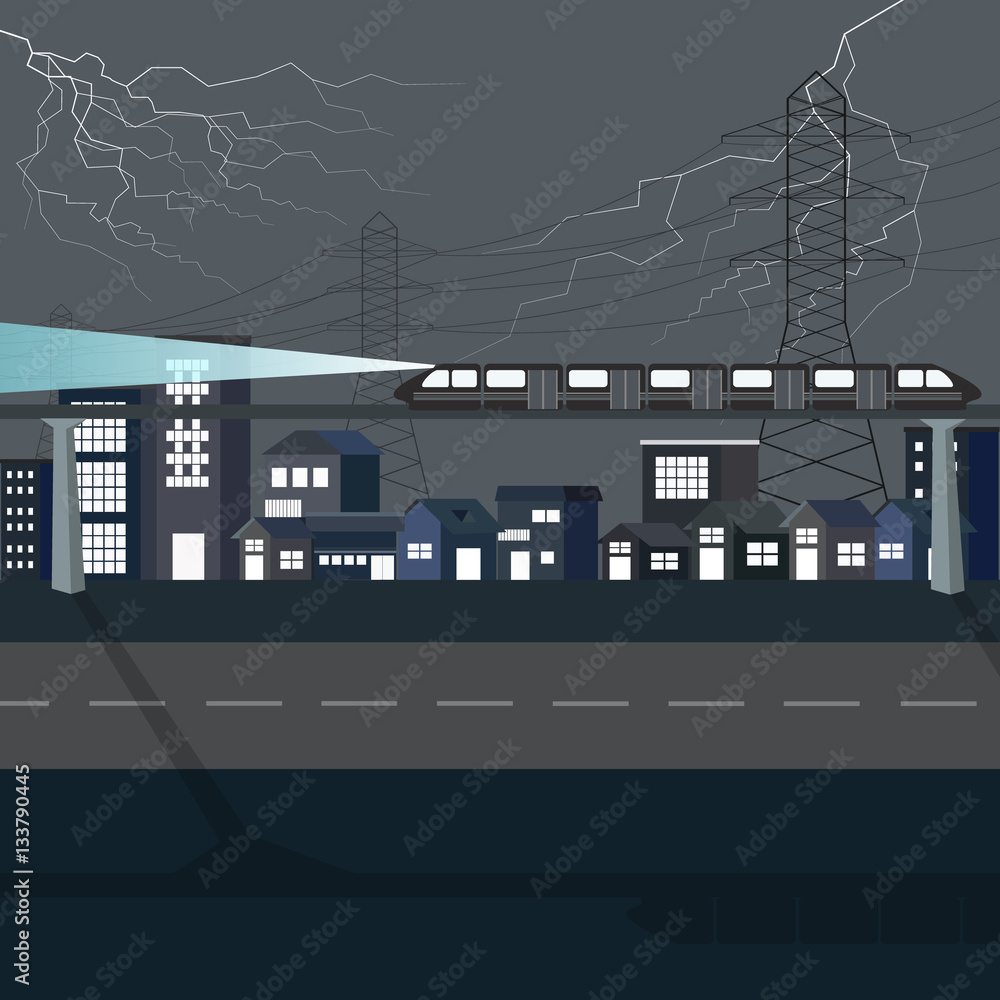 city at night with lightnings sky, flat design vector Illustration