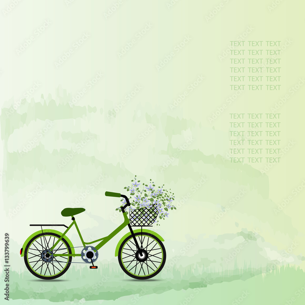 green bicycle with flowers in basket on green watercolor background, vector illustration