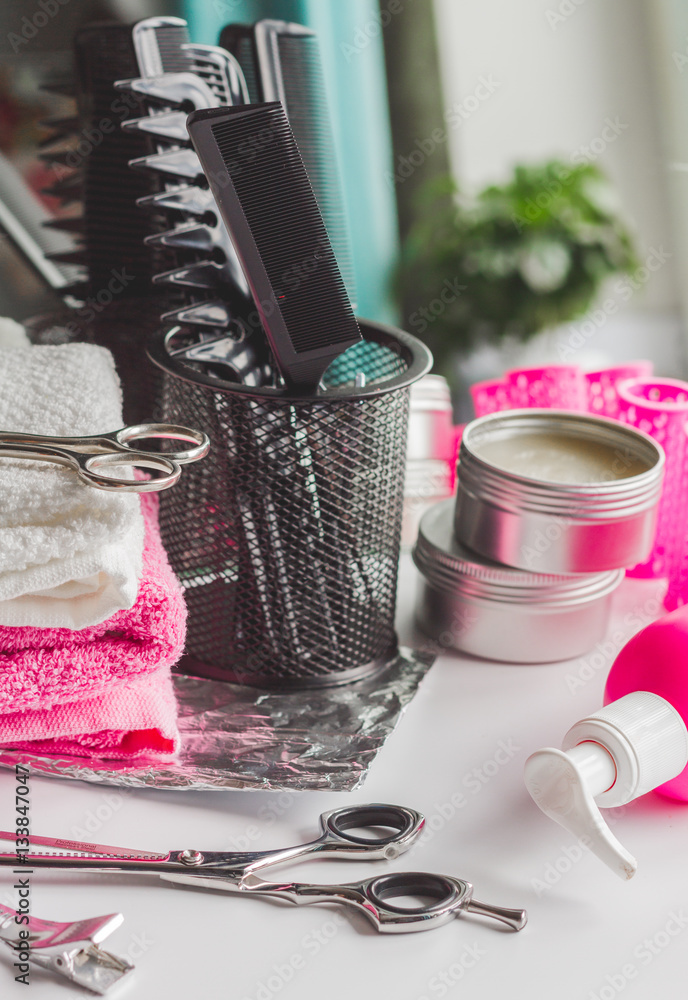 hairdresser working desk preparation for cutting hair