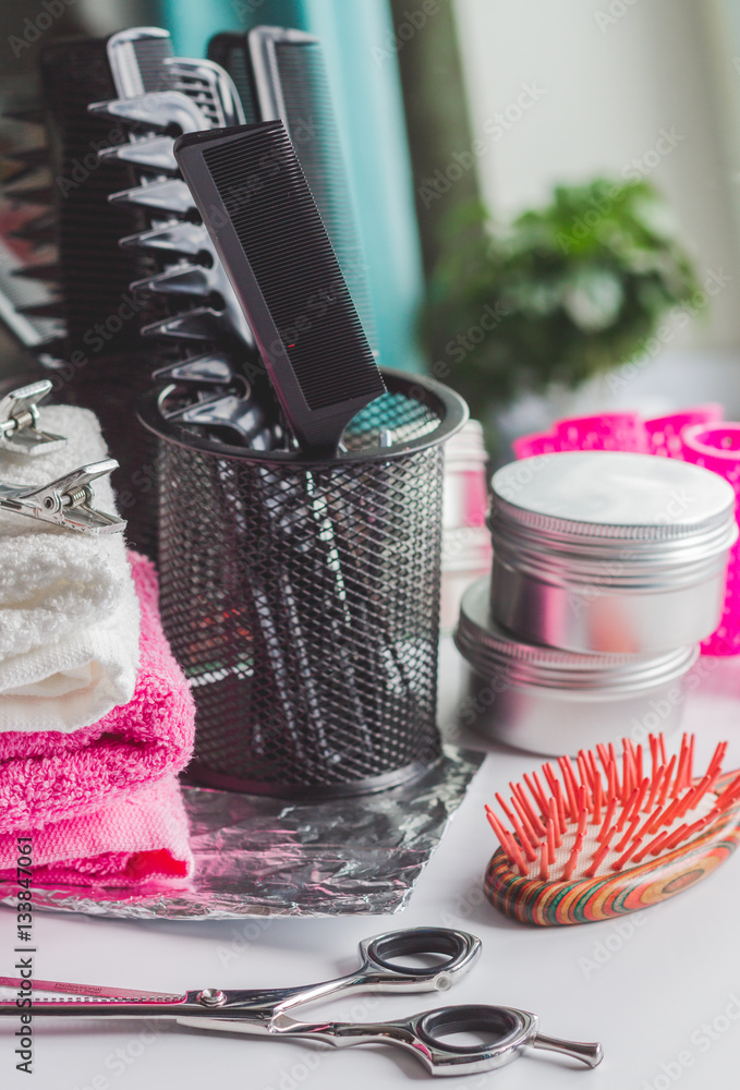 hairdresser working desk preparation for cutting hair