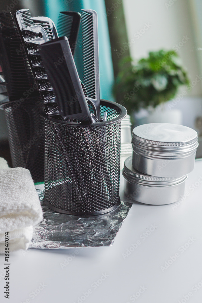 hairdresser working desk preparation for cutting hair