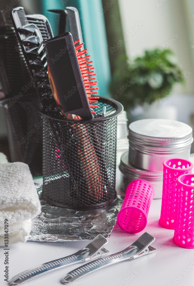 hairdresser working desk preparation for cutting hair