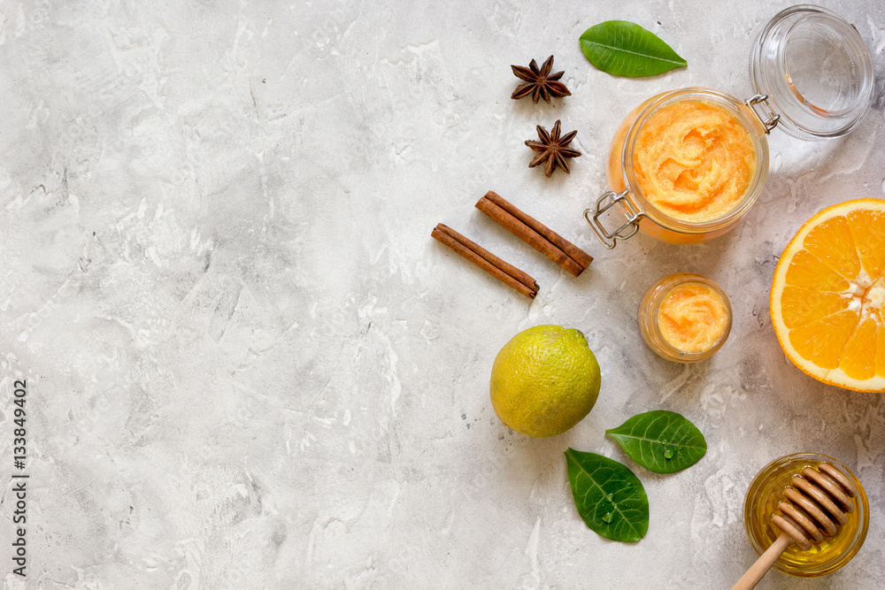 organic citrus scrub homemade on gray background top view