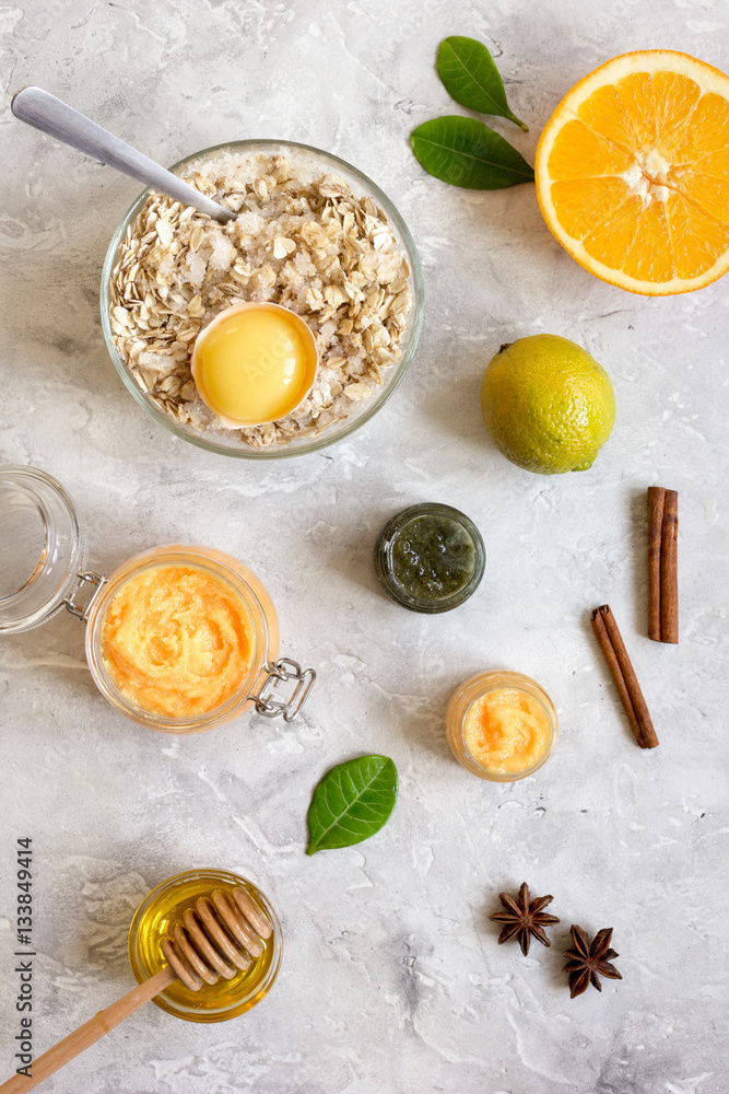 organic citrus scrub homemade on gray background top view