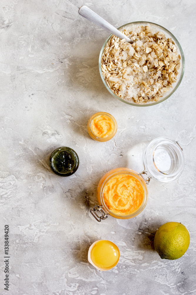 organic citrus scrub homemade on gray background top view