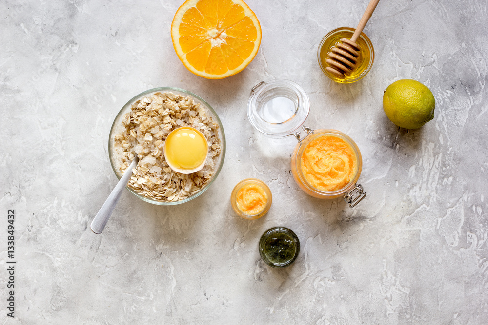 organic citrus scrub homemade on gray background top view