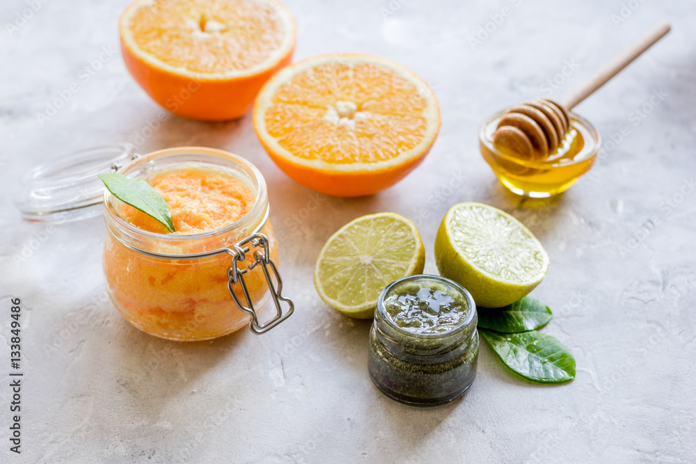 organic citrus scrub homemade on gray background