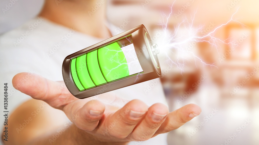 Man holding 3D render battery with lightning in his hand