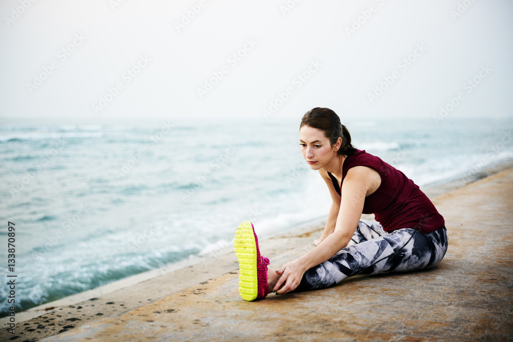 Stretching Exercise Training Healthy Lifestyle Beach Concept