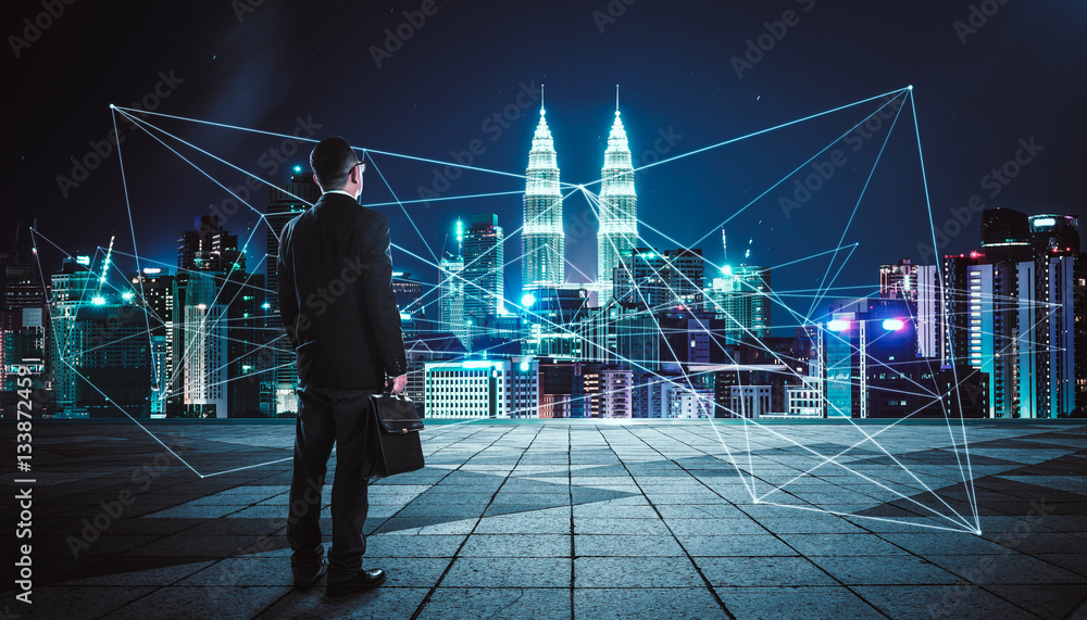 Rear view of a businessman looking at large city center with network connection graph . Concept of s