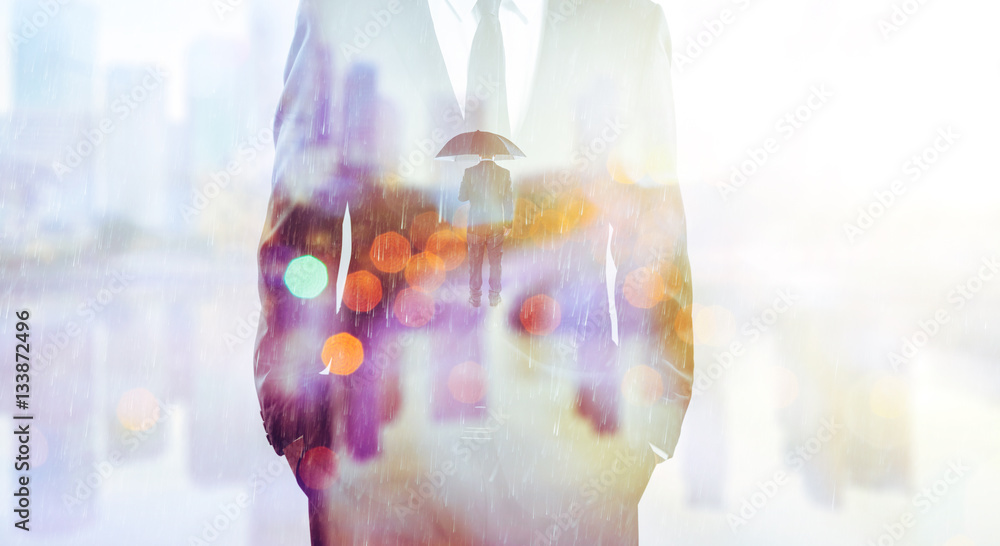 Double exposure concept with businessman silhouette. With special lighting effects