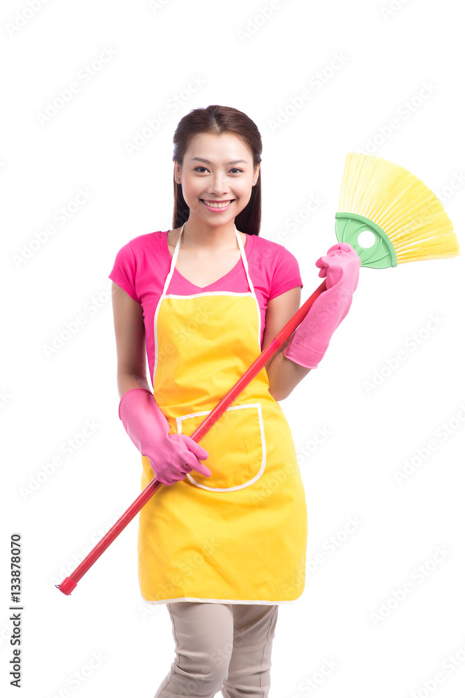 Woman doing housekeeping stuff at home isolated on white backgro