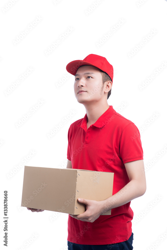 Portrait of delivery man service happily delivering package to c