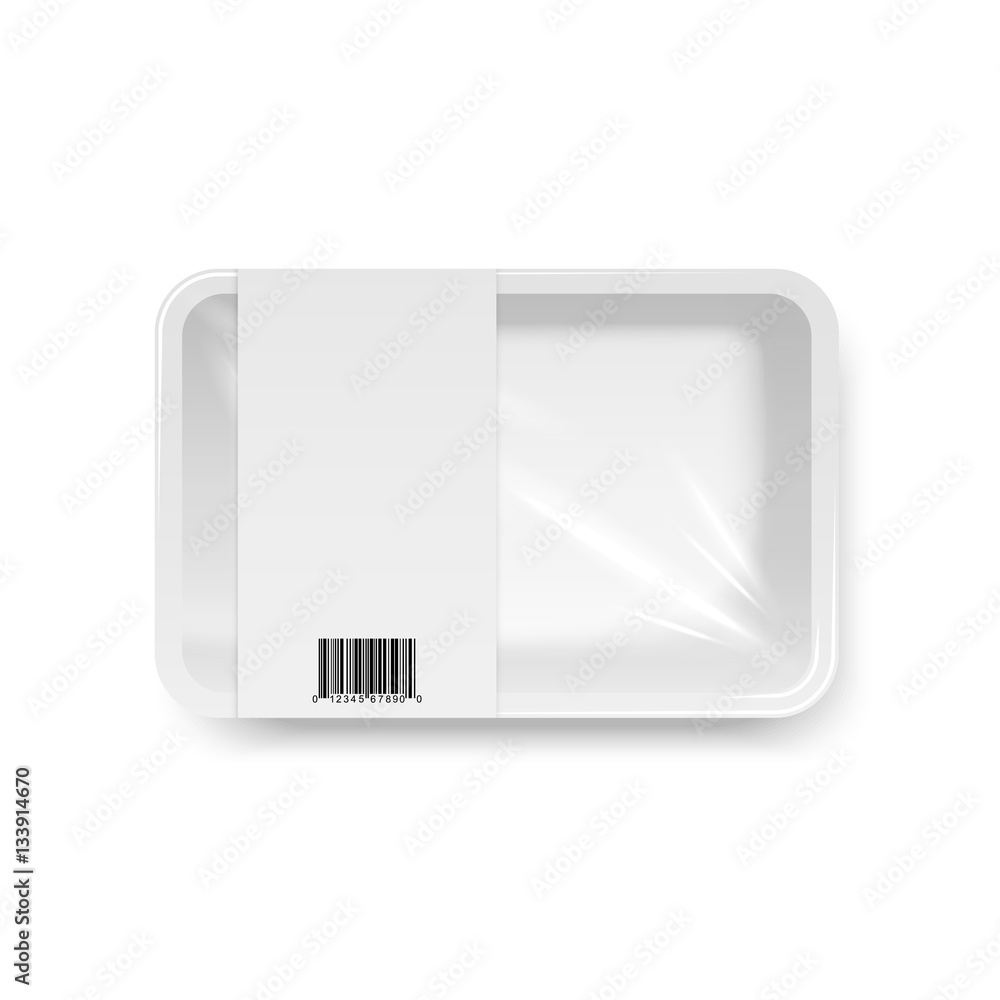 Food container with Stretch wrap and barcode, top view, vector template, isolated on white