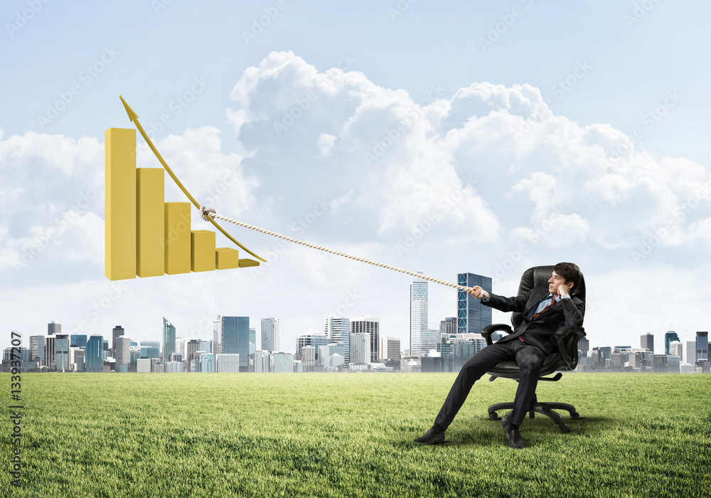 Businessman pulling graph with rope as concept of power and control