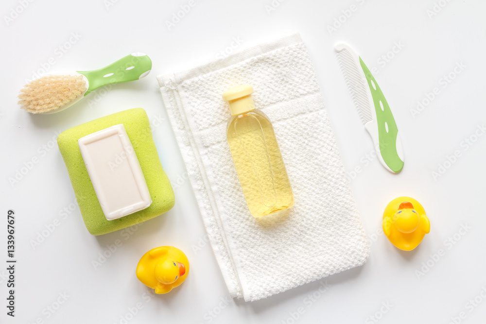 baby accessories for bath with duck on white background