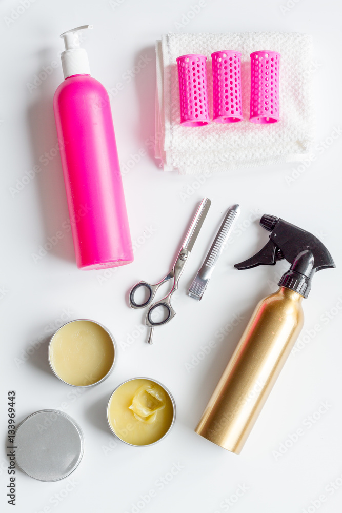 hairdresser working desk preparation for cutting hair top view