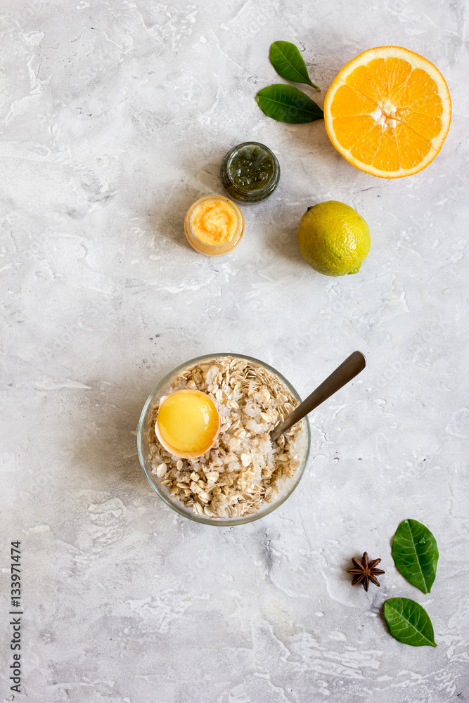 organic citrus scrub homemade on gray background top view