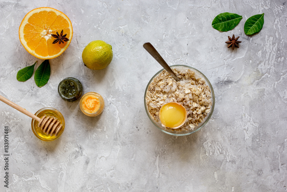 organic citrus scrub homemade on gray background top view