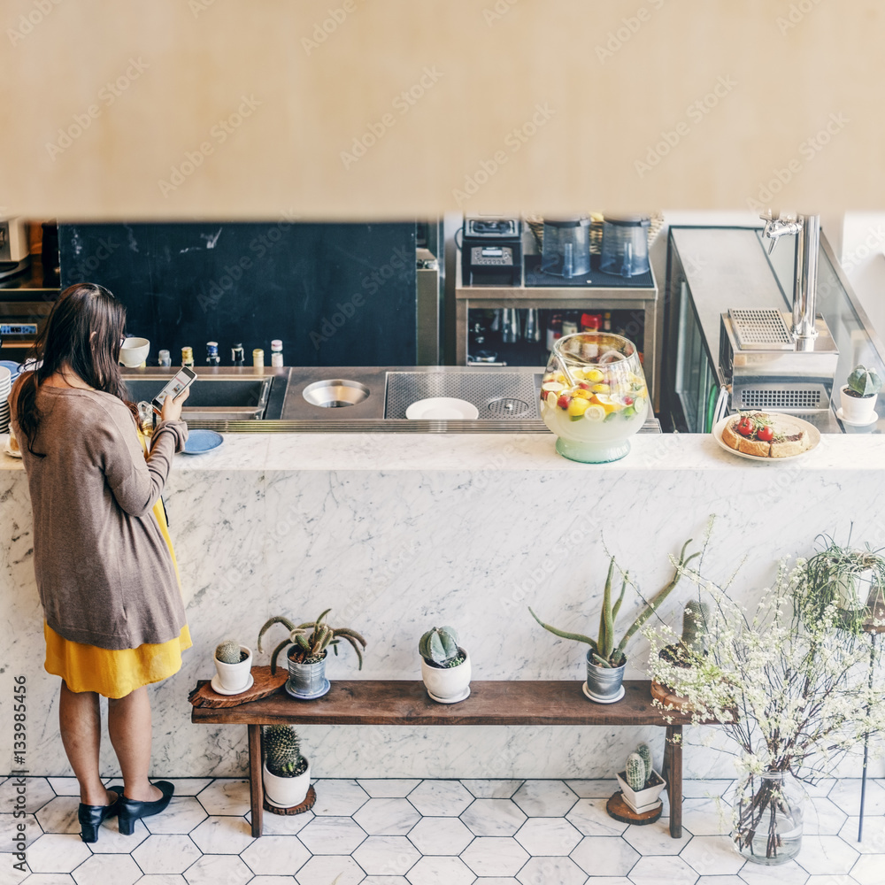 Woman Waiting Rear View Coffee Shop Bar Counter Concept