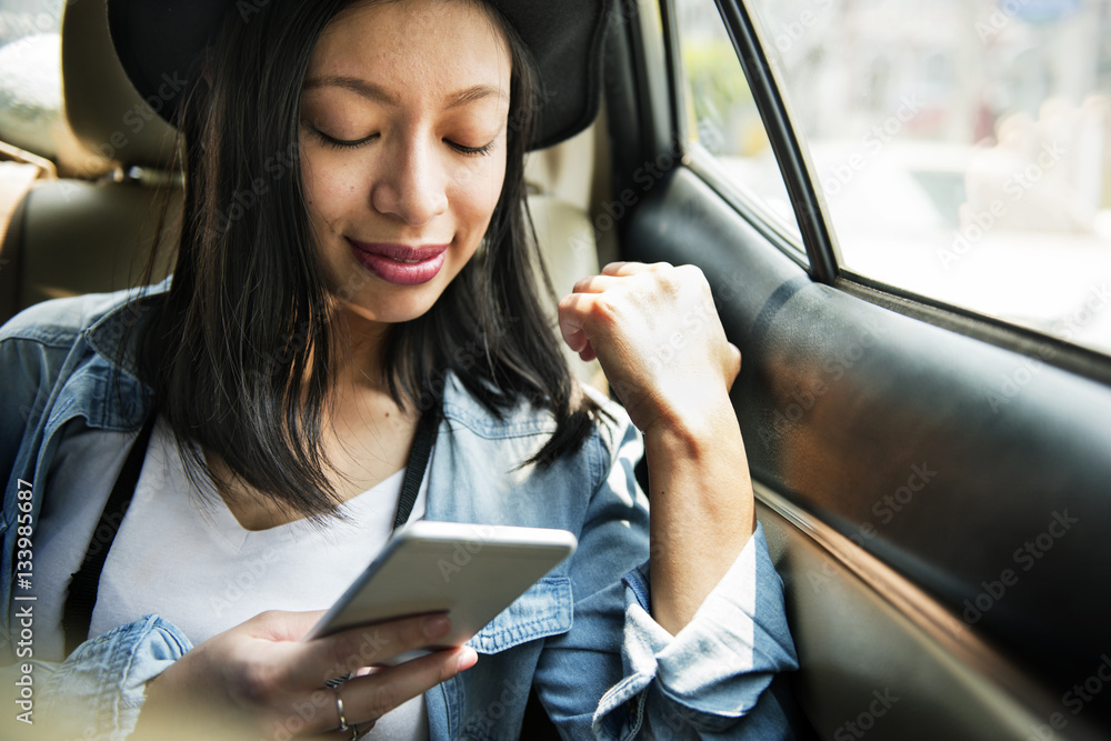 Woman Connecting Smart Phone Browsing Concept