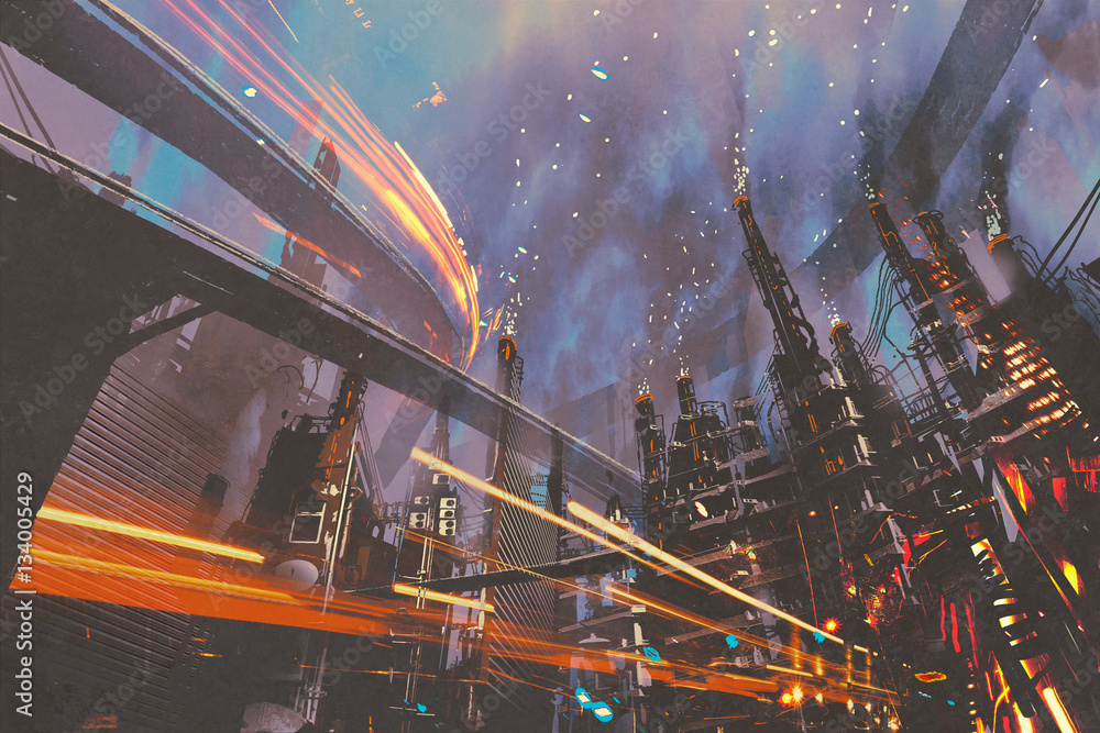 sci-fi scenery of futuristic city with industrial buildings,illustration painting