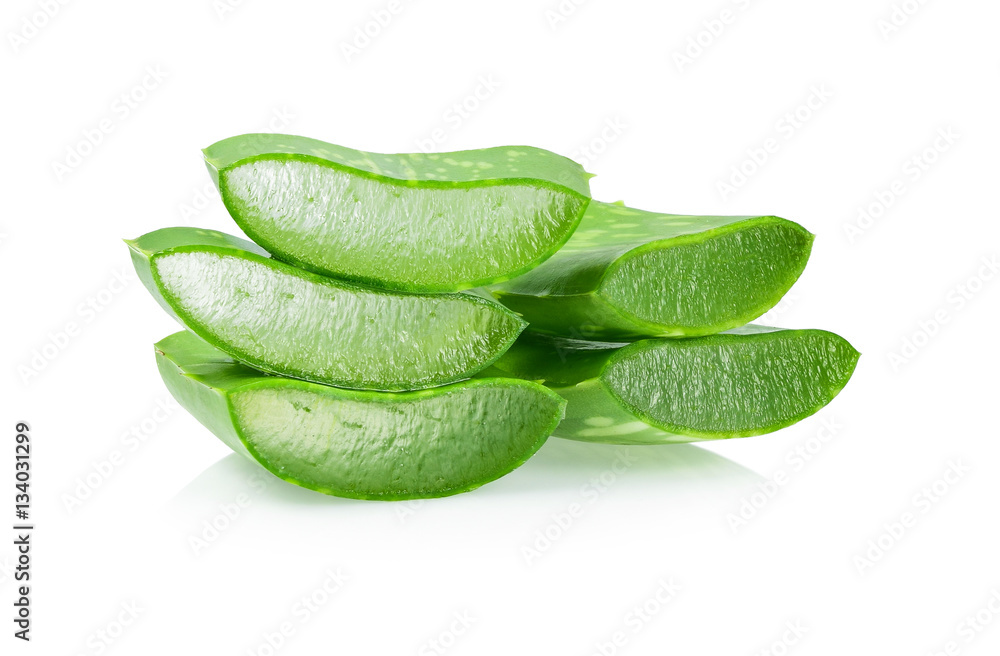 Aloe vera fresh leaf and slices isolated on white background.