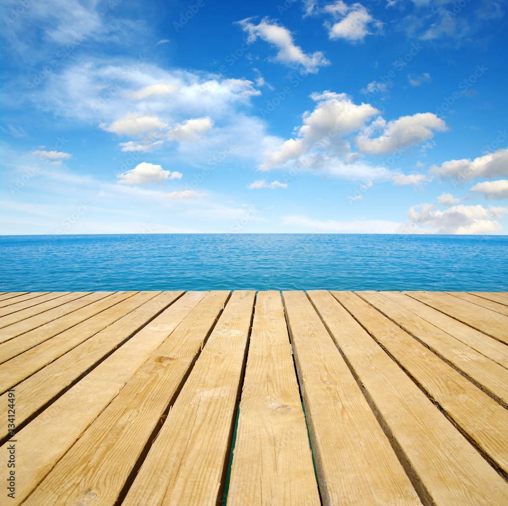 Wood, blue sea and sky