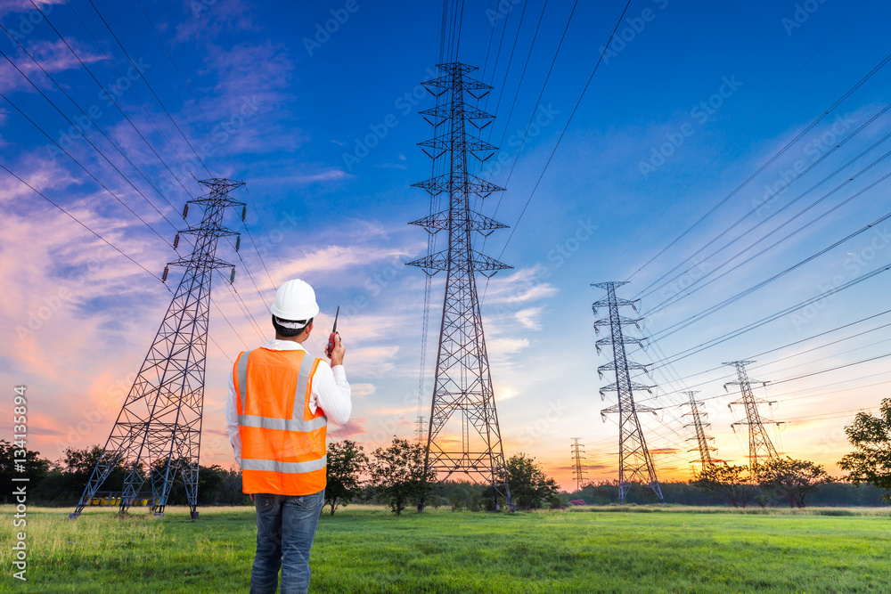 Electrical engineer with high voltage electricity pylon 