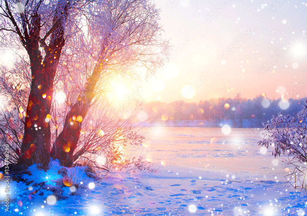 Beautiful winter landscape scene with snow covered trees and ice river