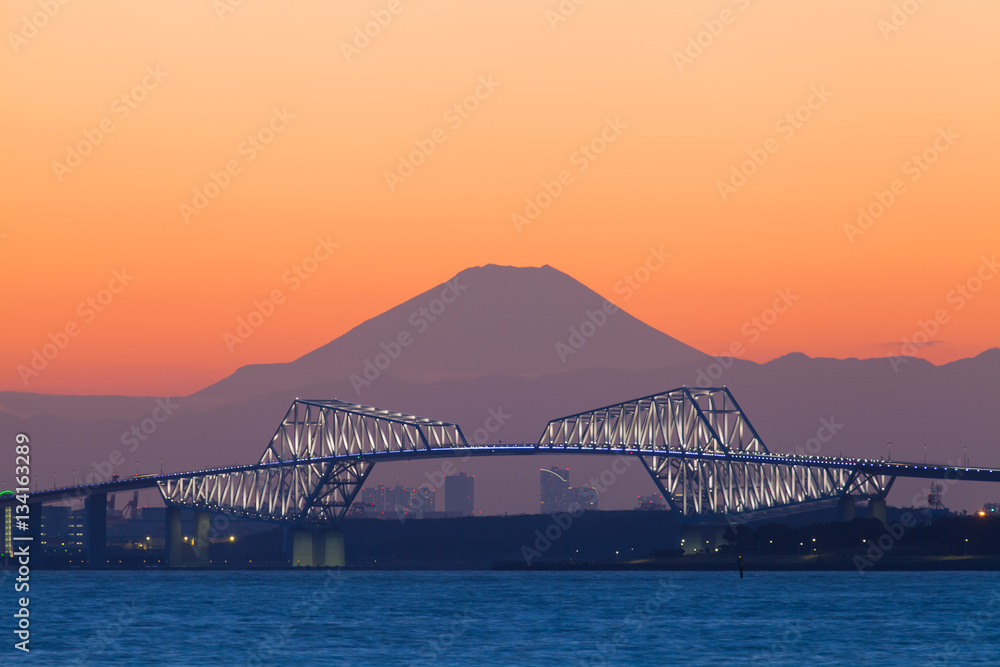 Tokyo gate bridge and Mt.Fuji at beautiful sunset in winter