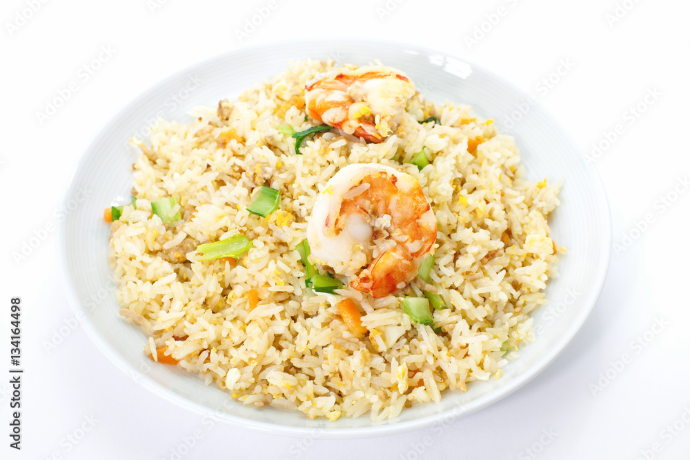 Asian food , Shrimp fried rice with vegetable on white background