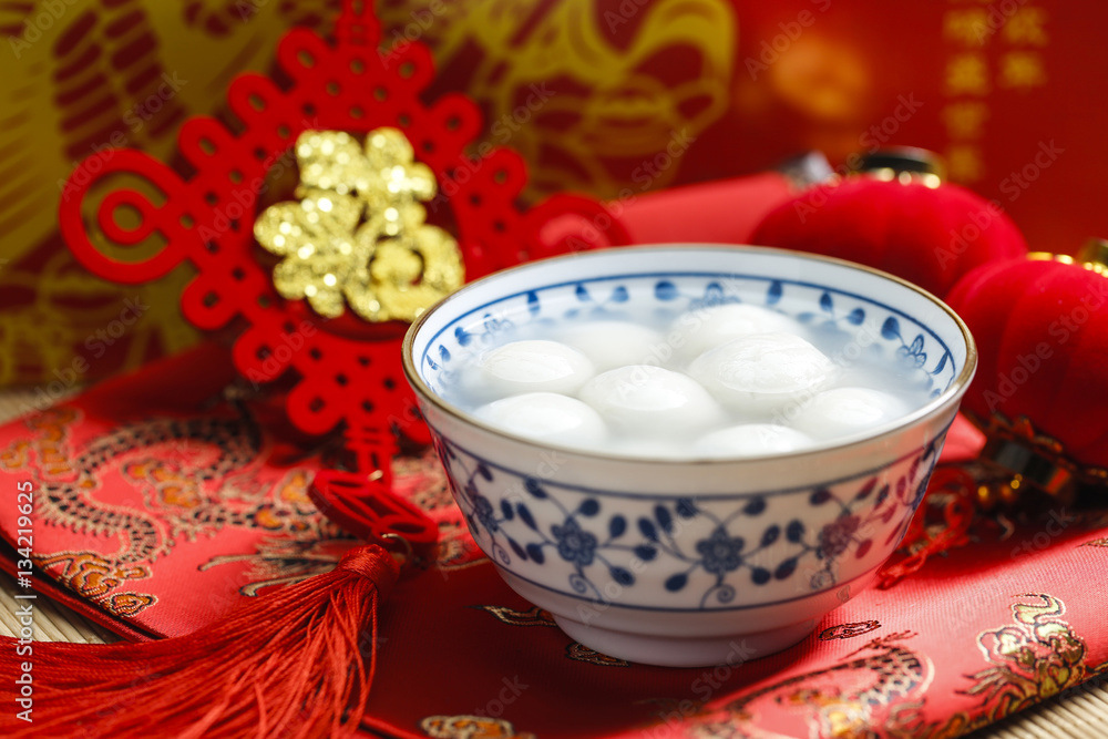 sweet rice dumplings in blue and white porcelain bowl,Chinese Lantern Festival