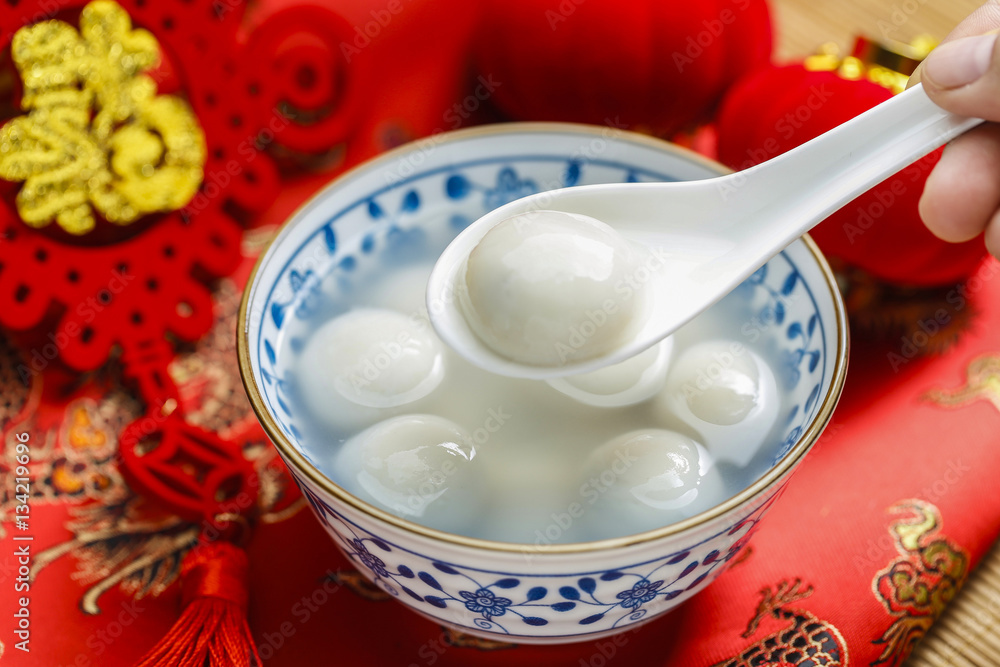 sweet rice dumplings in blue and white porcelain bowl,Chinese Lantern Festival