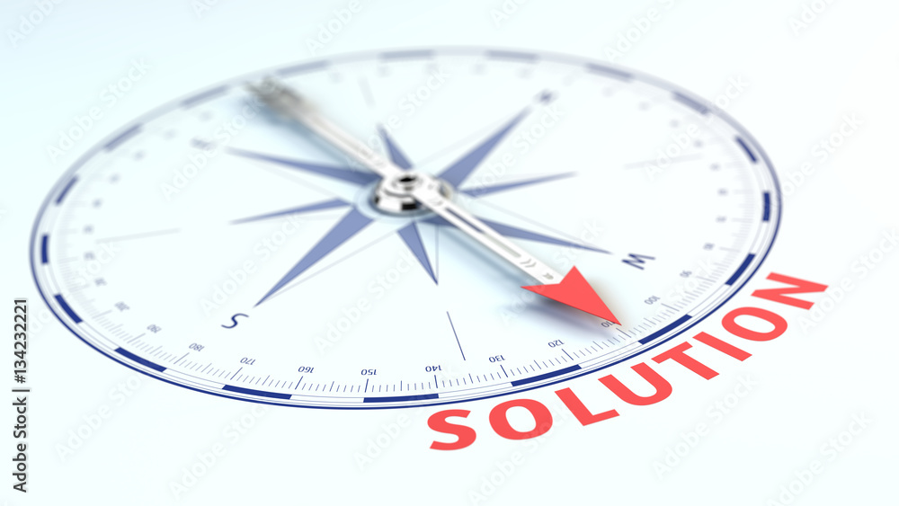 Business solution concept - Compass needle pointing solution word. 3d rendering