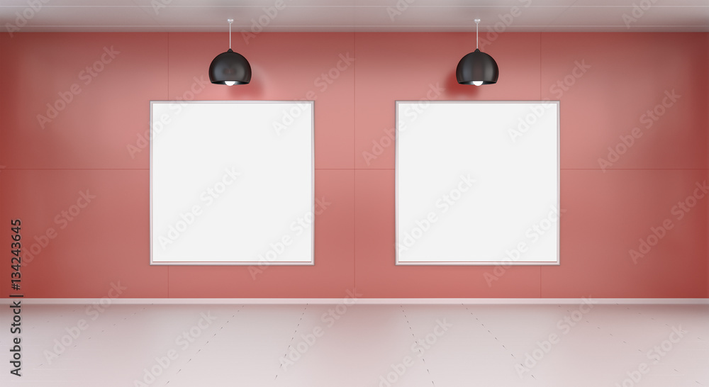 Two white blanks canvas on a wall 3D rendering