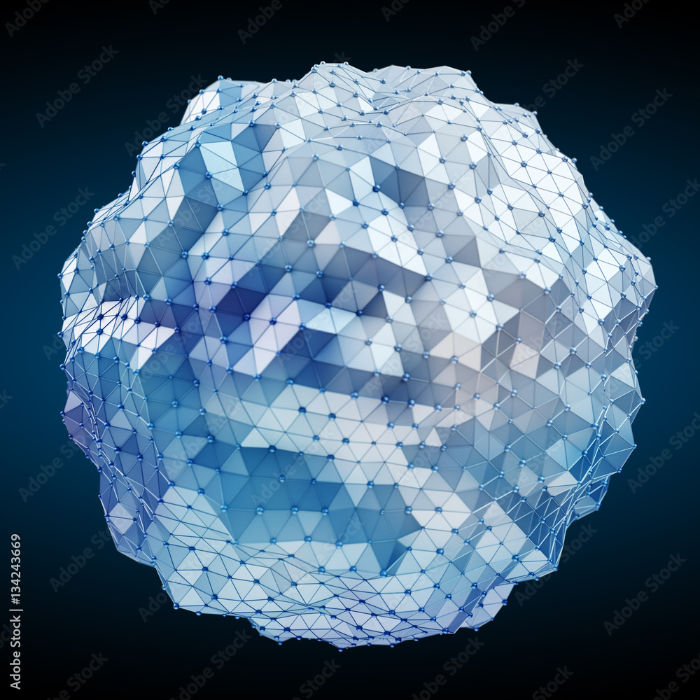 Floating white and blue glowing sphere network 3D rendering