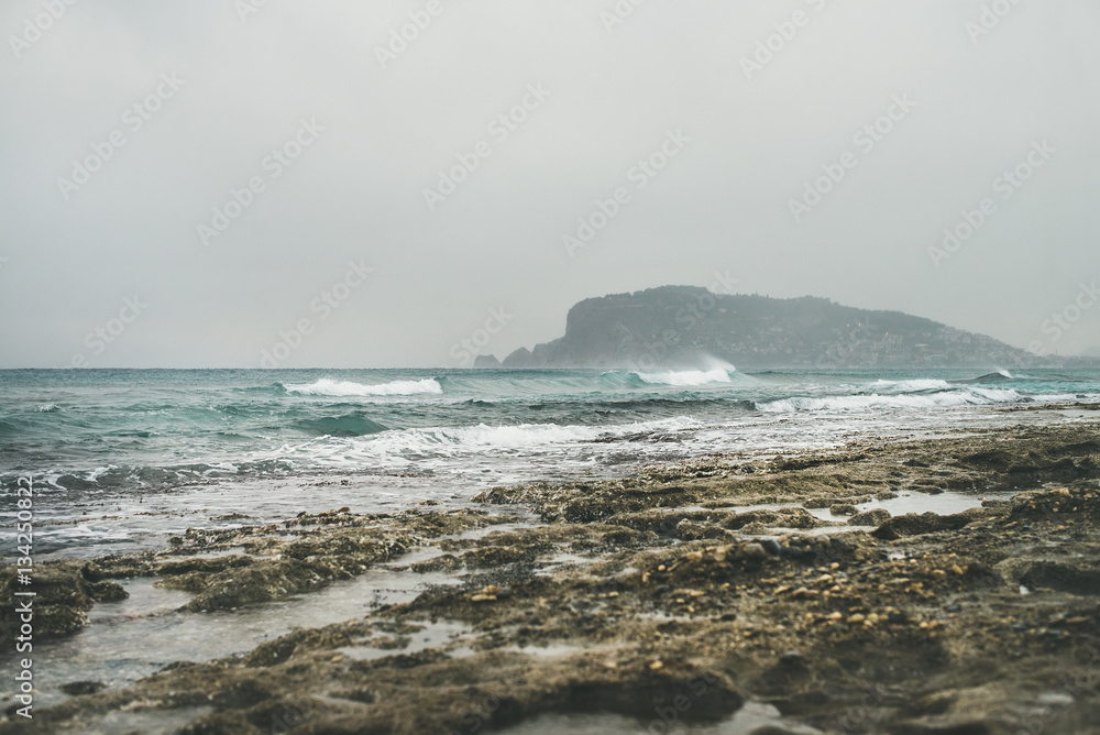 Stormy winter day at Mediterranean sea coast in Alanya, Mediterranean region, Turkey