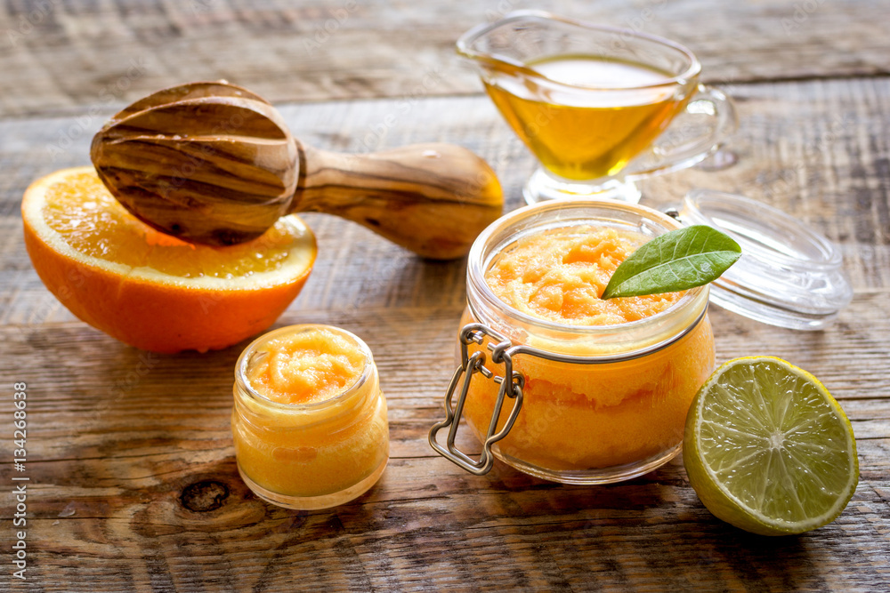 organic citrus scrub homemade on wooden background