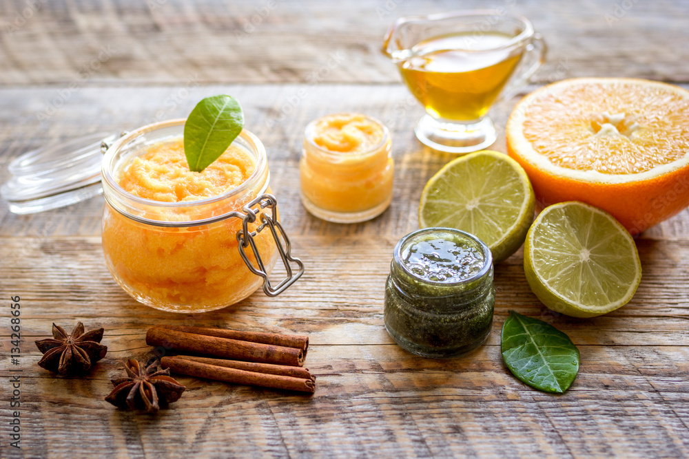 organic citrus scrub homemade on wooden background