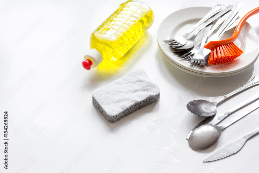 concept of washing dishes on white background