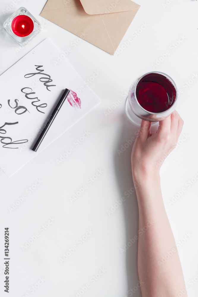 concept of Valentine Day love letter white background top view