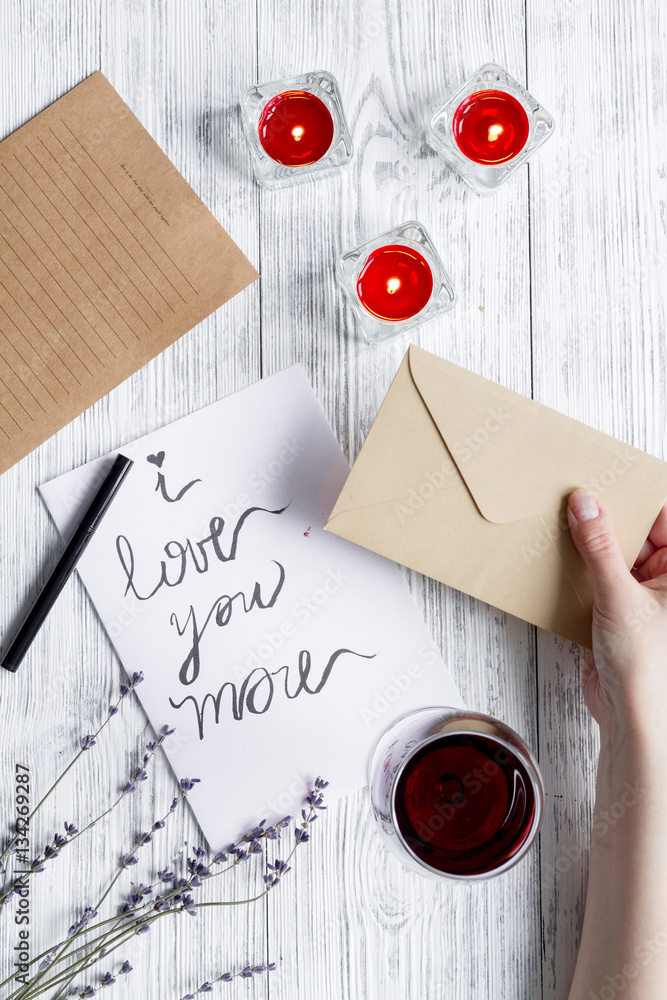 concept Valentines Day love letter wooden background top view