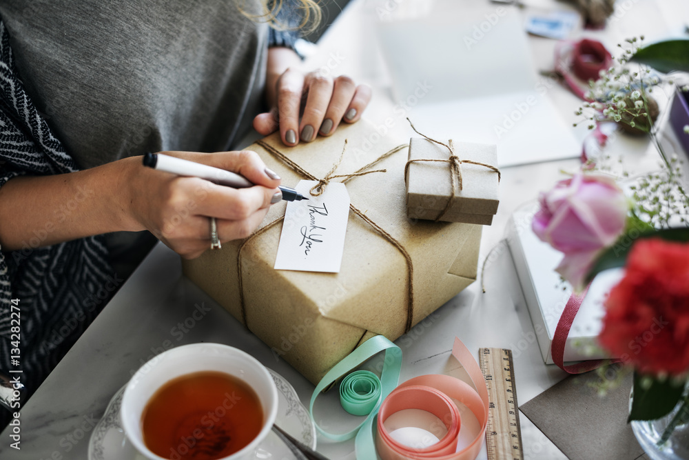 Woman Writing Card Gift Present Concept